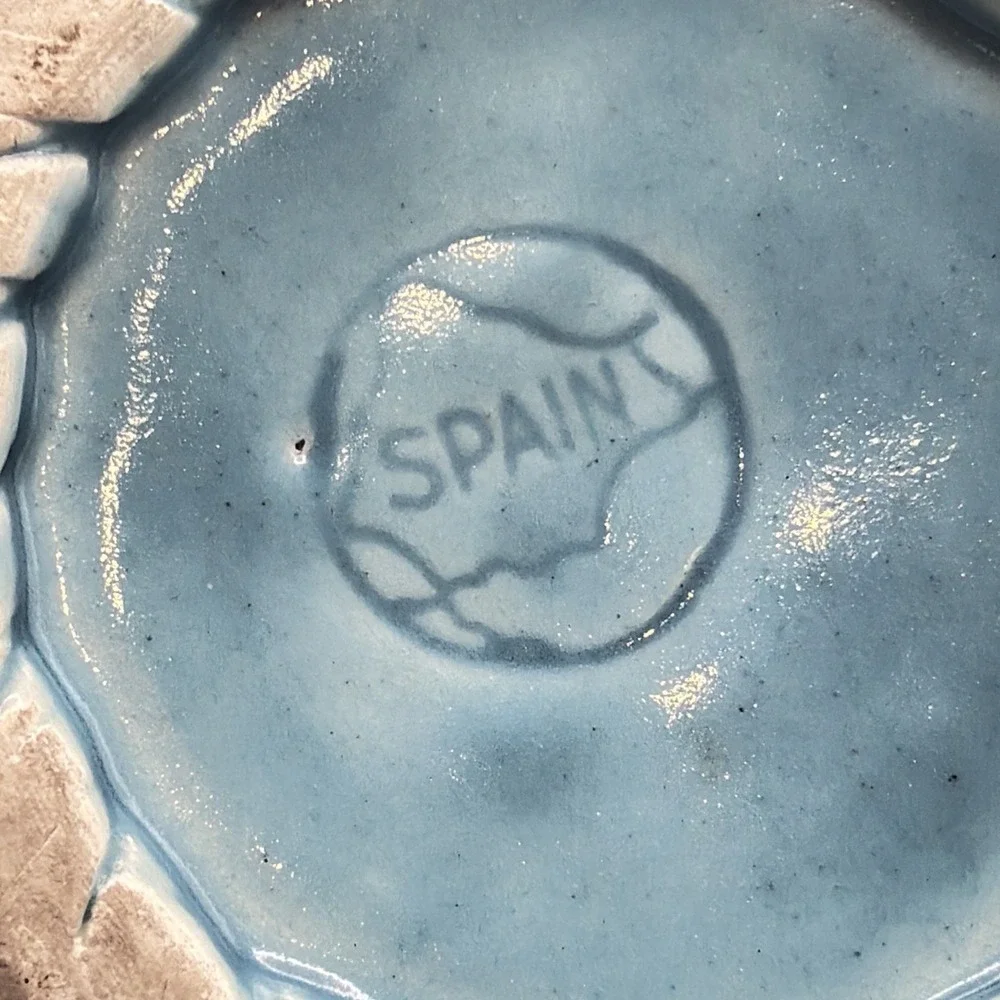 Vtg Spain Woven Ceramic Basket Aqua Blue Applied Fruit Floral Accents